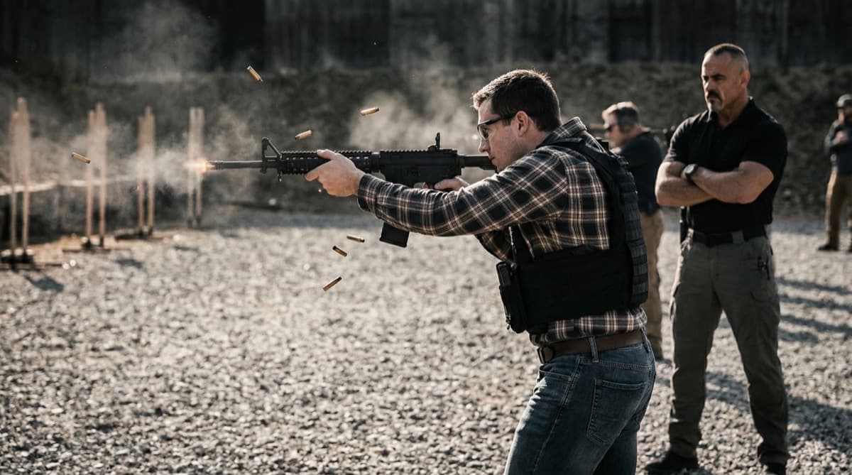 RS Black tactical firearms training on the range with brass ejecting